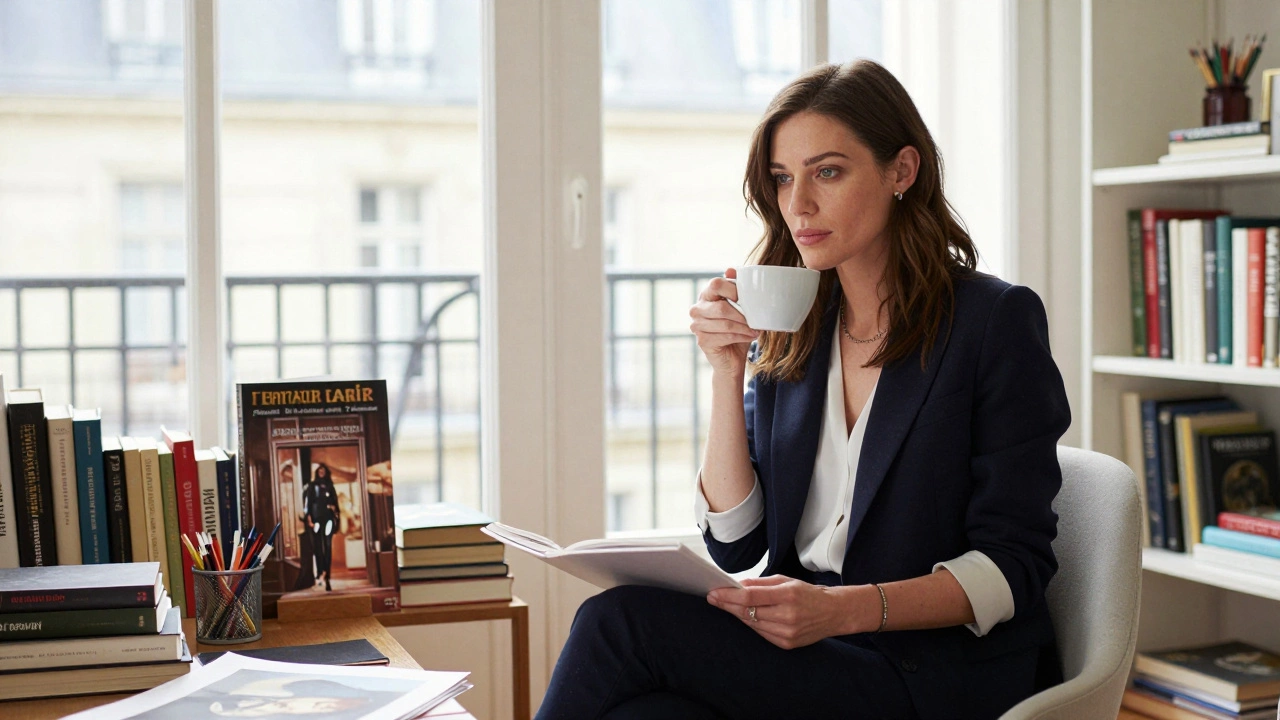 A professional woman in a sunlit Paris study surrounded by books and art, exuding calm intelligence.