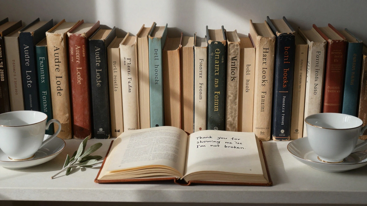 A shelf of annotated books and a journal with a heartfelt note, symbolizing transformation and healing.