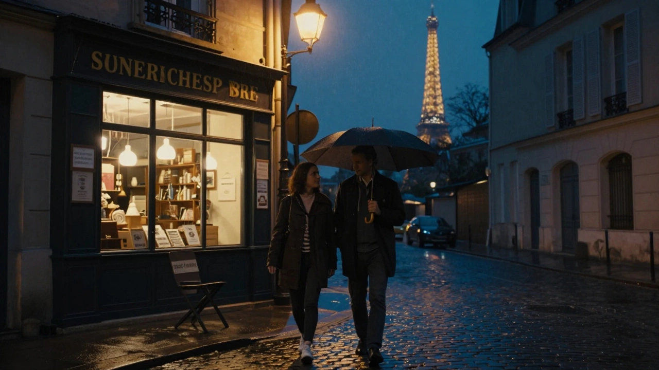 A woman and man walk together under streetlights near a bookstore in Saint-Germain, rain reflecting off cobblestones.